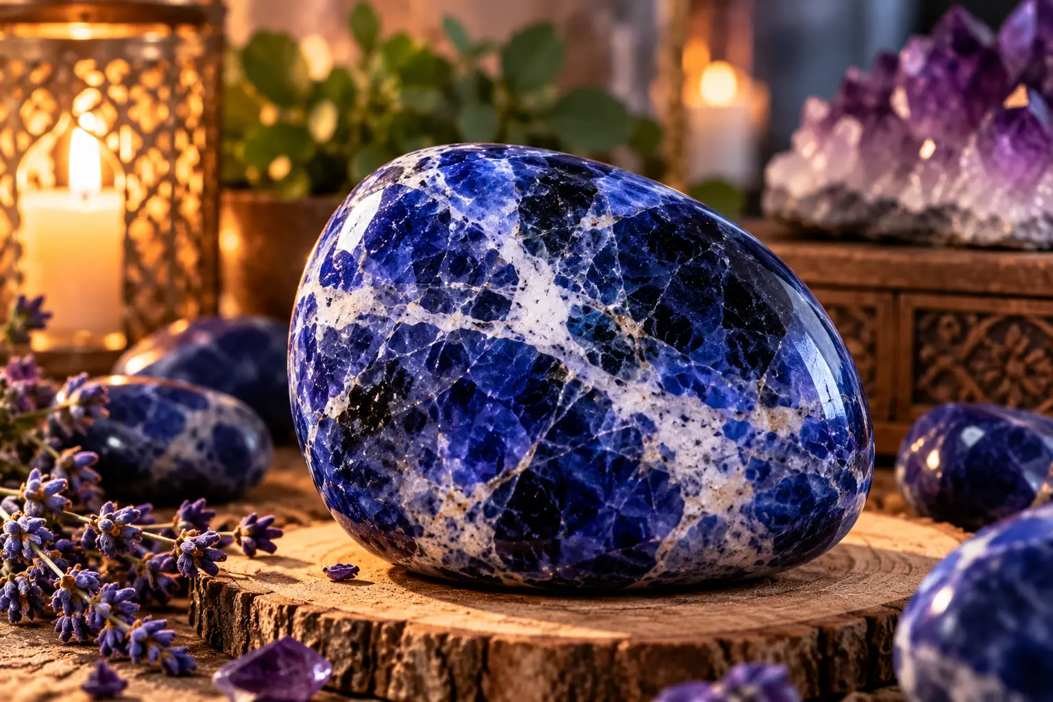 Sphère de pierre bleue azurée, pierre taillée posée sur une tranche de bois, entourée de lavande et d’éléments décoratifs